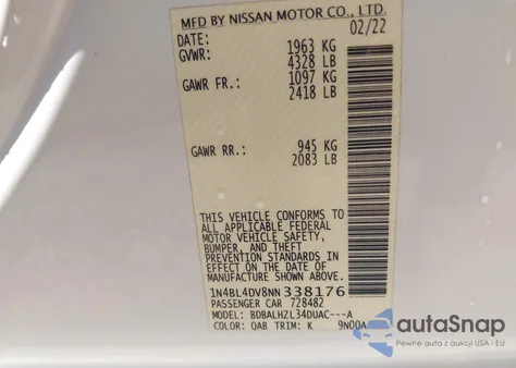 2022 Nissan Altima Sv Fwd z USA, uszkodzony, nr VIN 1N4BL4DV8NN338176